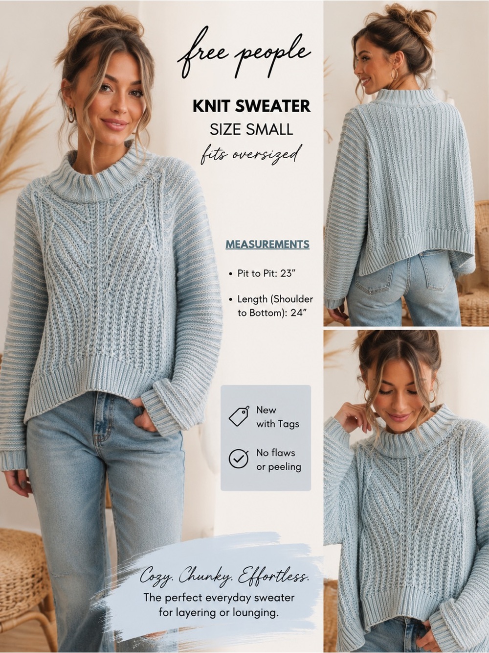 Free People Pale Blue Chunky Cable Turtleneck Sweater